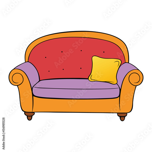 A cozy cartoon couch with soft, plump cushions and a colorful pillow, perfect for relaxing in a playful, comfy living room setting.

