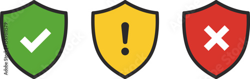 Vector security shield icons set with check mark, warning and x mark for website design asset