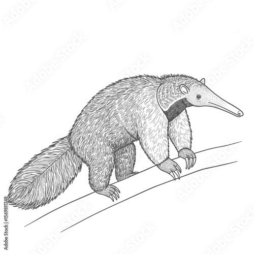 Giant Anteater – Myrmecophaga tridactyla. 12word Giant ground sloth, prehistoric mammal, is the subject of this detailed drawing. Suitable for educational materials, science articles, historical 