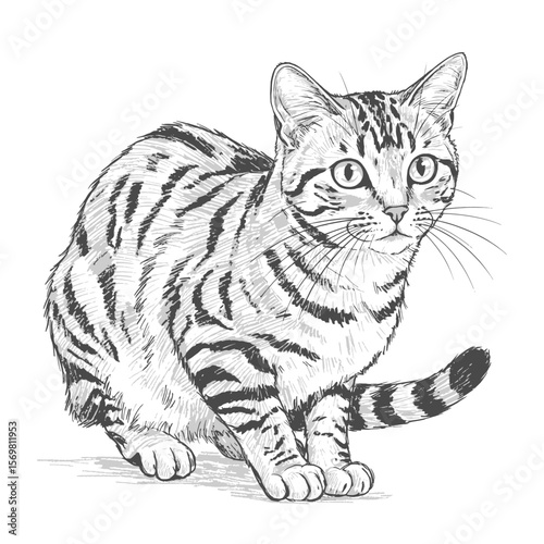 Marbled Cat – Pardofelis marmorata. Title Sketched Bengal Cat Sitting Alertly
Suitable for pet blogs, animalthemed designs, cat lover merchandise, and childrens book illustrations. Great for social 