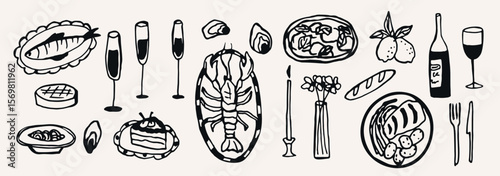 Hand drawn dinner collection. Wine and food illustration