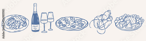 Hand drawn mediterranean food and wine