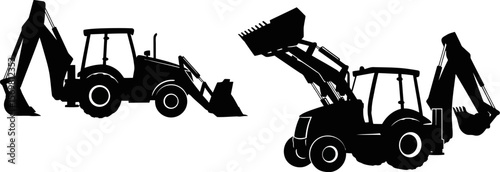 Discover black backhoe loader silhouette vector illustration for construction and excavation work