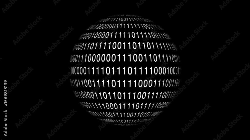 Sharp binary digital code on spherical surface abstract background with randomly changing zeros and ones isolated on black. Abstract circle with binary numbers rotating
