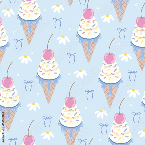 Seamless vector pattern with ice cream cones, bows, daisies, flowers, and cherries on a pastel blue background. Sweet, playful design.