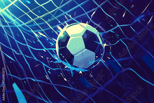 A dynamic soccer ball splashing into the net during an exciting match under bright lights