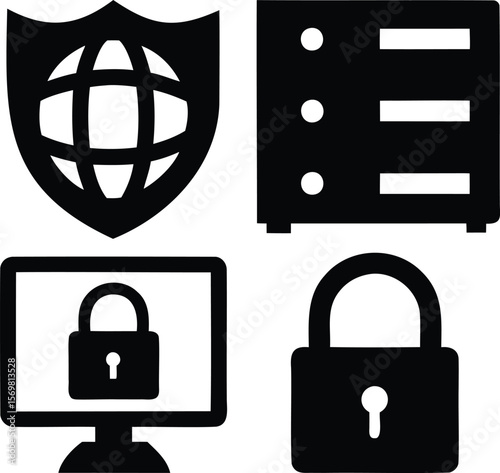 Silhouette icons set showing data security elements including shield padlock monitor and server Vector illustration