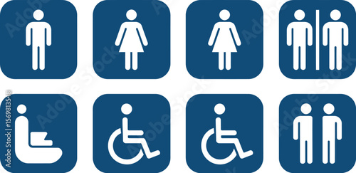 Find restroom signs: men, women, unisex, accessible and family bathroom icons for public places
