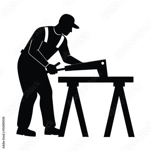 Carpenter with Hand Saw Silhouette Vector on White