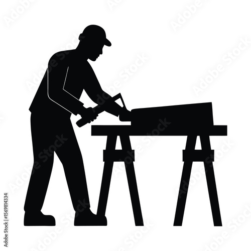 Carpenter with Hand Saw Silhouette Vector on White