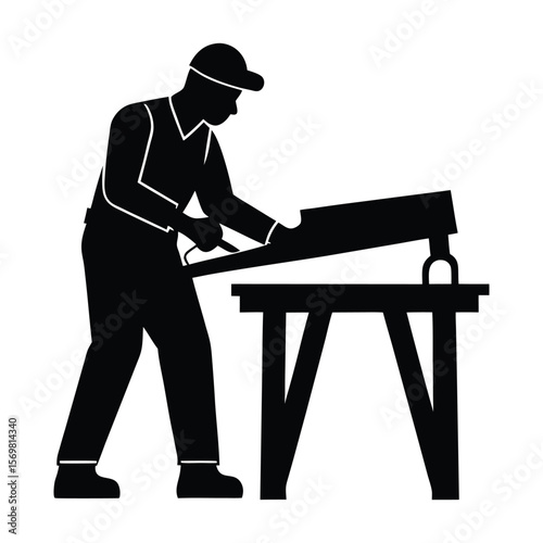 Carpenter with Hand Saw Silhouette Vector on White