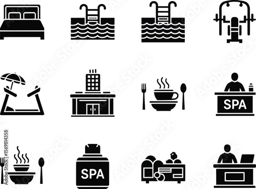 Collection of hotel and resort amenities icons in a clean modern style