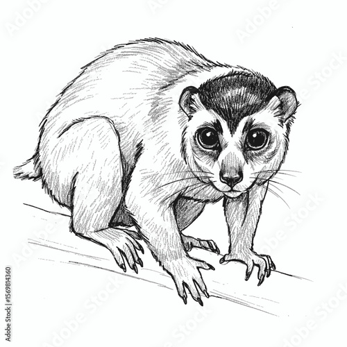 Javan Slow Loris – Nycticebus javanicus. Javan slow loris pencil sketch of Indonesian primate. Suitable for naturethemed designs, educational materials, wildlife conservation campaigns, and childrens 