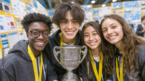 Four diverse teens celebrating science fair victory with trophy and medals