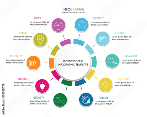 modern infographic template, 10 step infographic template, business infographic, circle infographic, timeline infographic, whit 10 step or option,