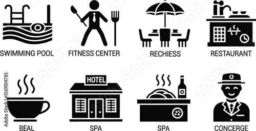 Collection of hotel amenity icons including swimming pool restaurant spa and concierge services