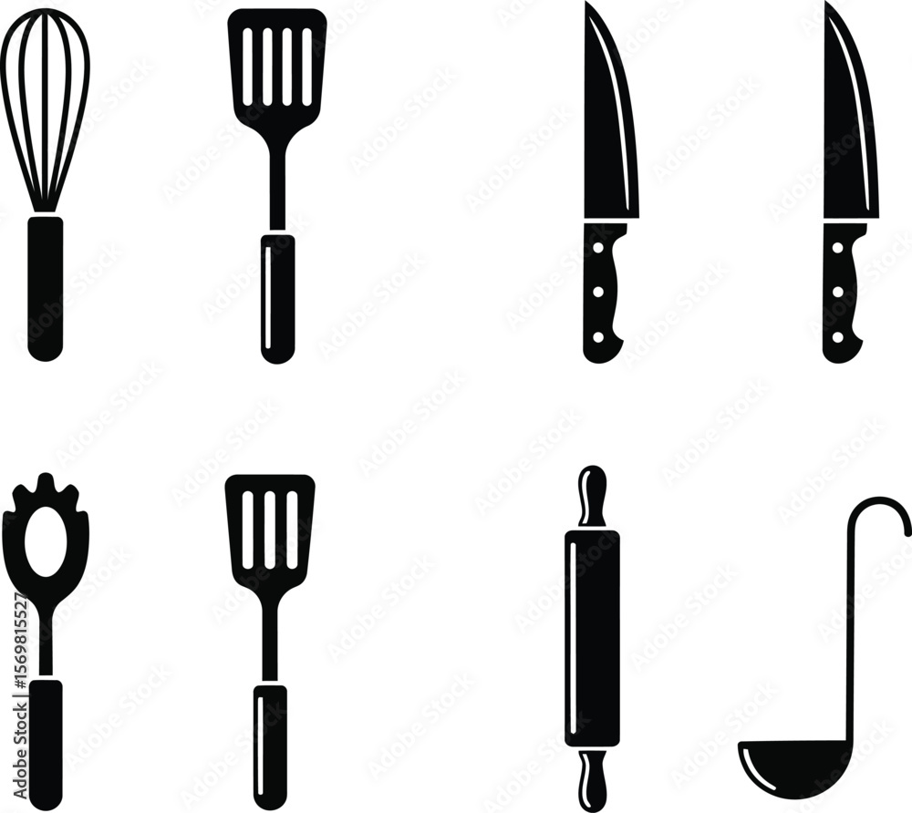 Collection of eight black silhouette kitchen utensils on a white background Collection of eight black silhouette kitchen utensils on a white background