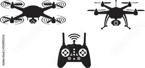 Drone vector illustration set, drone technology, remote control drone, aerial photography drones