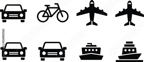 Collection of black silhouette icons representing different modes of transportation on a white background