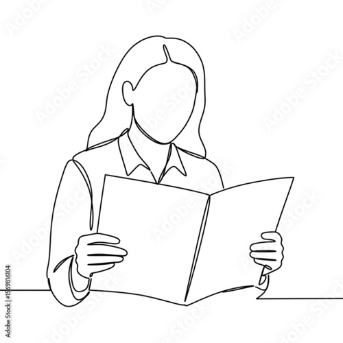Woman reading report while seated at a table in minimal style  
