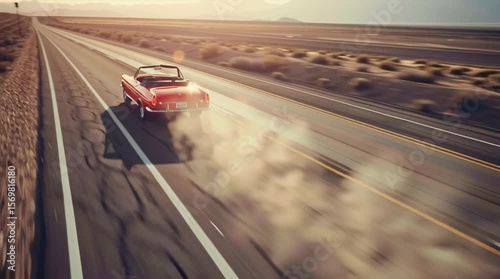 Red Convertible Driving on Open Road: A vintage red convertible speeds along an empty highway, leaving a trail of dust in its wake, with the boundless open road stretching ahead under a warm.