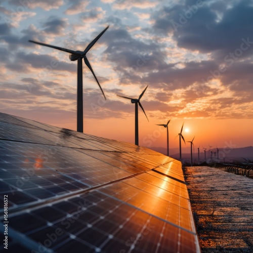 Sunset over solar and wind farm