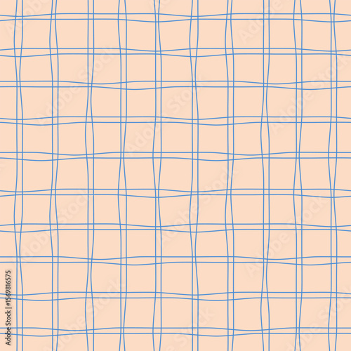 Wavy grid vector seamless pattern. Retro-style abstract geometric repeat tile. Irregular crossed blue thin lines on muted background. Modern minimalist checkered design for fashion fabric, home decor
