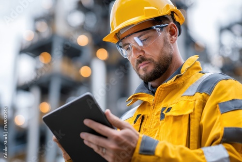 A man in a yellow jacket is looking at a tablet while wearing a hard hat