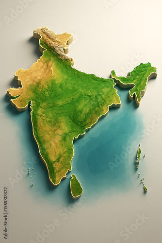 A high-resolution 3D topographic map of India, artistically rendered with elevation details and realistic terrain colors. The map highlights mountain ranges, plains, coastal areas.