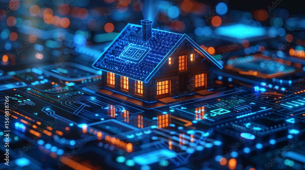 Obraz premium Modern smart home model with soft white lighting displayed on sleek digital interface in a cool blue ambient tech setting