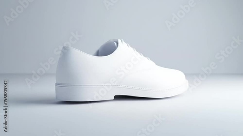 A white, low-top shoe sits on a white surface against a white background.