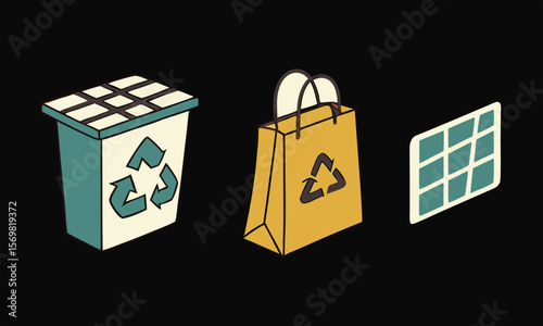 Recycle Bin Yellow Shopping Bag Teal Grid Icon  Art & Illustration