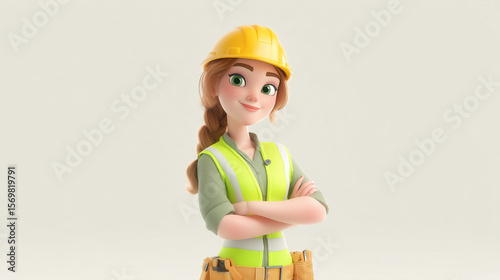 3D cartoon illustration of a confident white female construction worker smiling proudly, wearing a hard hat and safety vest, representing strength, professionalism, and positivity.
