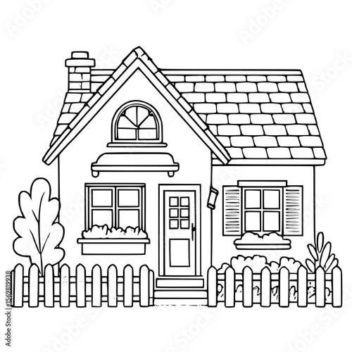 Quaint small house black and white line art illustration
