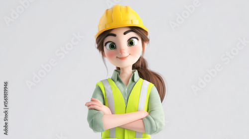 3D cartoon illustration of a confident white female construction worker smiling proudly, wearing a hard hat and safety vest, representing strength, professionalism, and positivity.