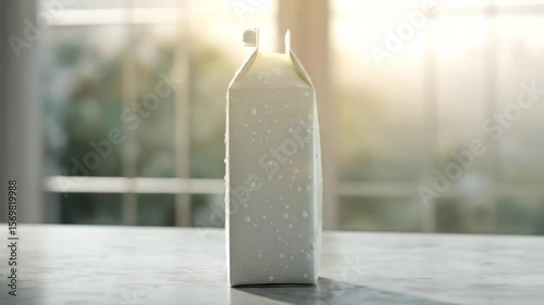 A white, rectangular, gable-top carton with condensation sits on a marble surface by a sunlit window.