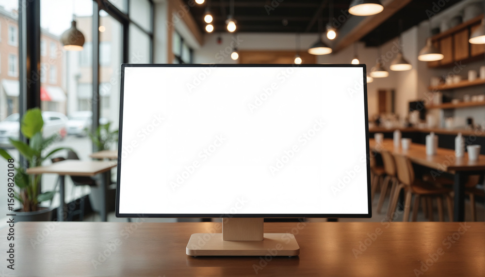 Fototapeta premium Digital Display Mockup - Vertical Screen On Wooden Table In Cafe Setting For Menu Presentations, Product Showcases, And Restaurant Marketing