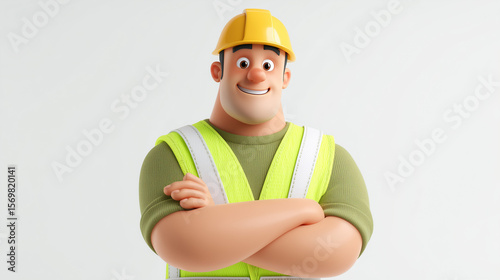 3D cartoon illustration of a confident white male construction worker smiling proudly, wearing a hard hat and safety vest, representing strength, professionalism, and positivity.
