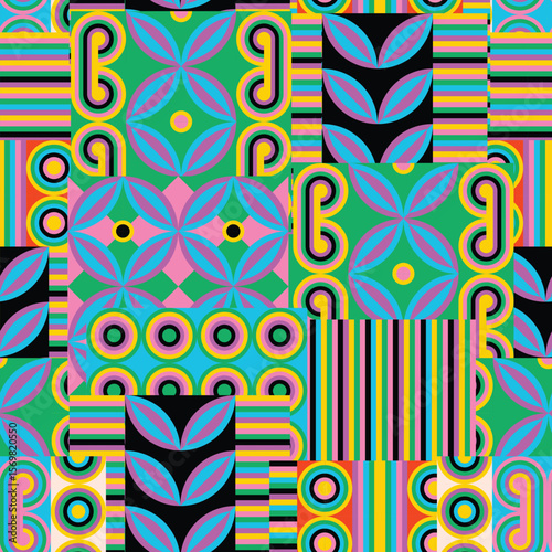 Abstract seamless pattern. Colorfulness and symmetry shine in this vintage geometric illustration, resembling a vibrant colorful artwork. Circles and rectangles create parallel stylish designs