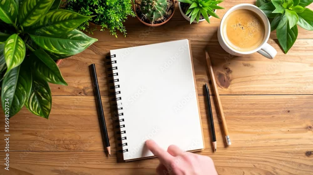 Hands holding pencils over an open spiral notebook on a wooden table with plants and a coffee cup