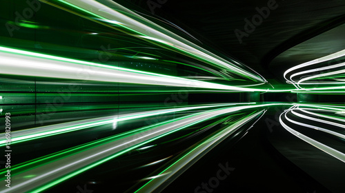 neon illumination in white and green colors forming abstract light streaks on dark background, side lighting with glowing accents, mood of high-tech energy