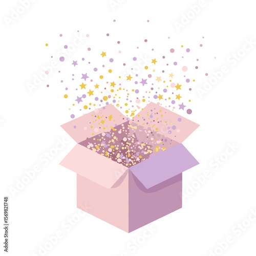 open box with glitter flying up in the form of stars and circles, vector image, isolated on transparent background