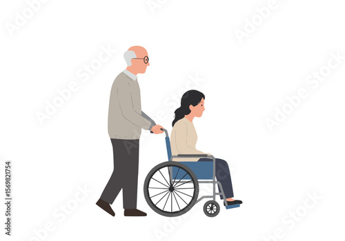 Elderly man with glasses, pushing wheelchair with middle-aged woman, vector image, isolated on transparent background