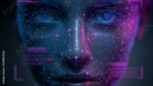 Artificial intelligence face graphic showcases futuristic technology with interconnected network visuals and a digital identity aesthetic
