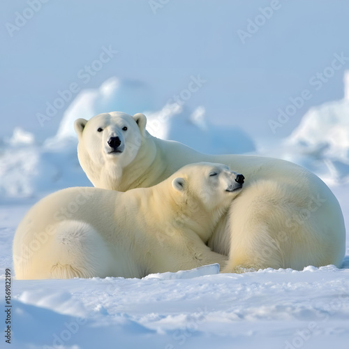 Two polar bears snuggling warmly on icy Arctic snowy tundra.