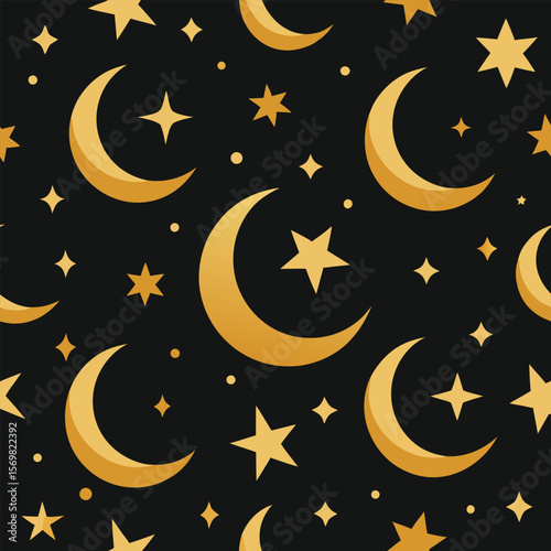 seamless crescent moon and star pattern gold on black background.