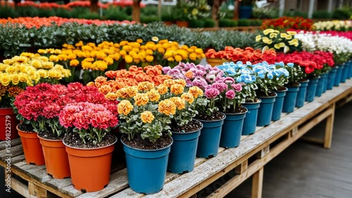Wallpaper Mural Colorful flowers in rows of blue pots on a wooden pallet Torontodigital.ca