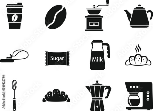 Collection of black and white icons representing coffee and breakfast items