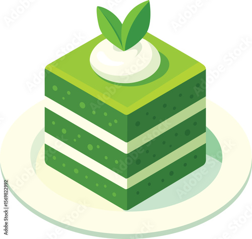 Green cake dessert sweet layered cream plate leaf illustration delicious bakery. vibrant green layered cake with cream and leaf garnish
