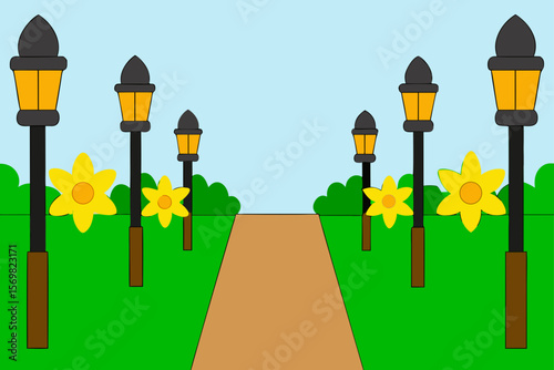 Symmetrical Light Posts On A Narrow Park Path Lined With Trees